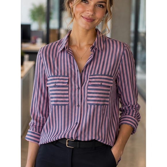 Express Tops - Express Womens Pink Navy Blue Striped Small Button Down Top Office Work Casual
